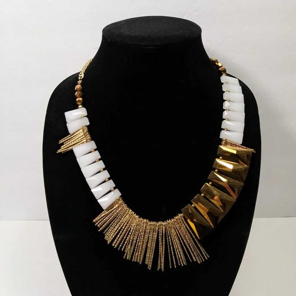 Nakamol Asymmetrical Bib Statement Necklace Gold Tone White Beaded Avant Garde